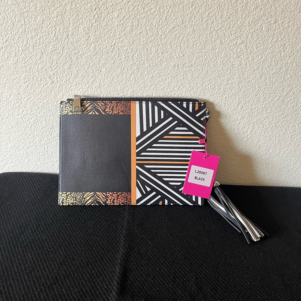 Sassy Jones Black Orange Accent Geometric Wristlet Clutch new